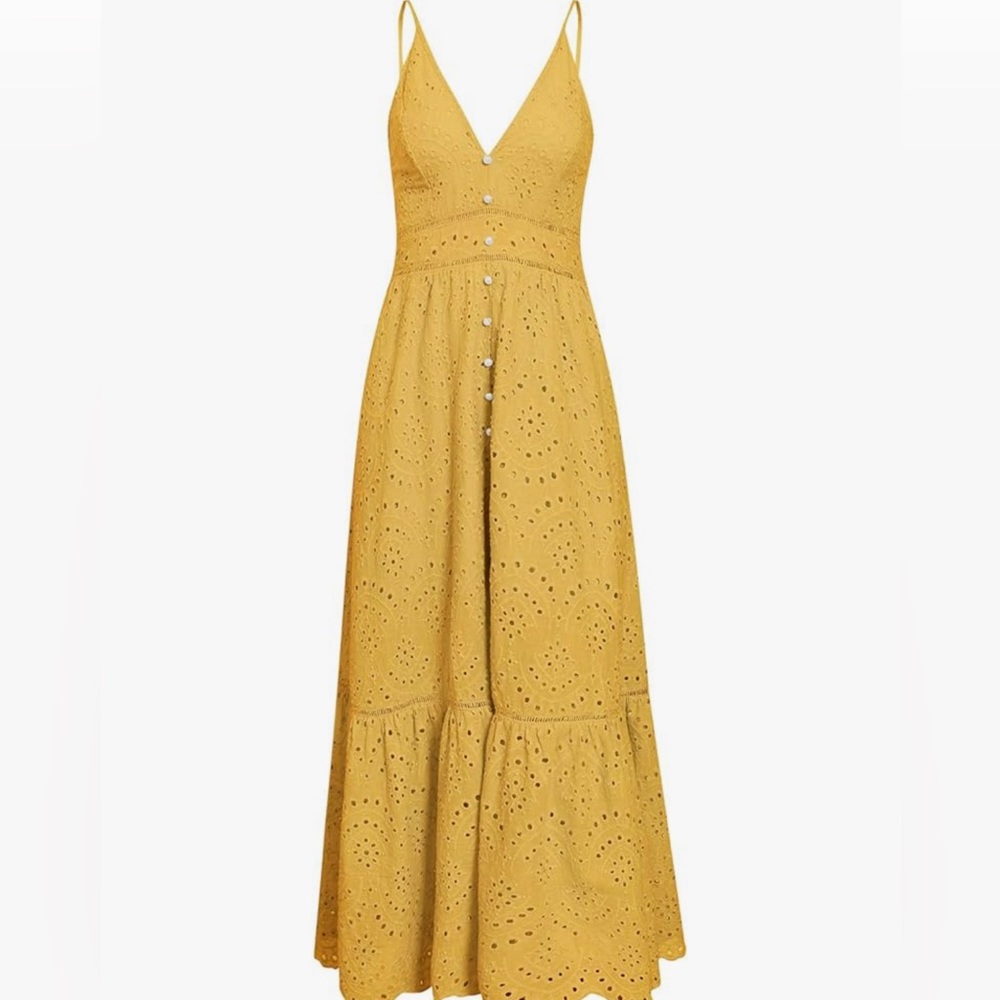 Women's Embroidery Yellow embroidered Spaghetti Strap Maxi Dress size XL